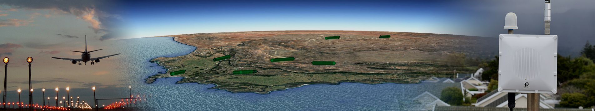 An airliner on approach, aircraft tracks plotted over the Western Cape, and an outdoor ADS-B receiver enclosure