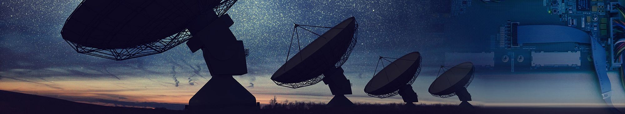 A row of radio telescope dishes silhouetted at dusk, blending into a circuit board