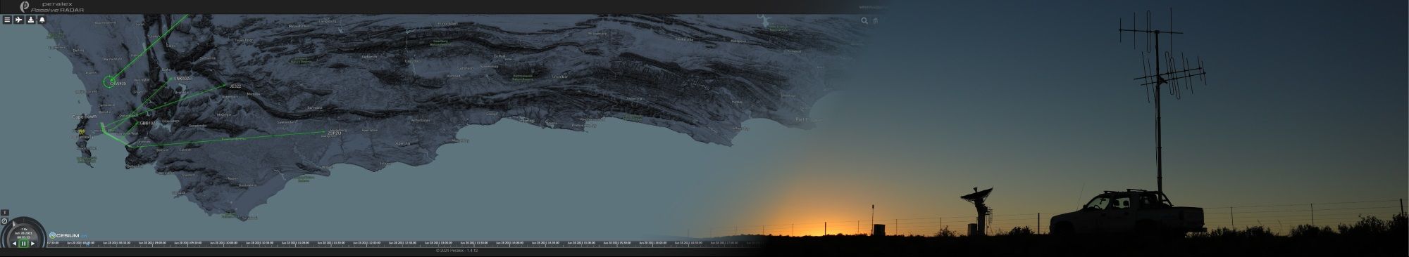 The Peralex Passive RADAR interface tracking aircraft over the Western Cape, beside a receiver antenna at sunset